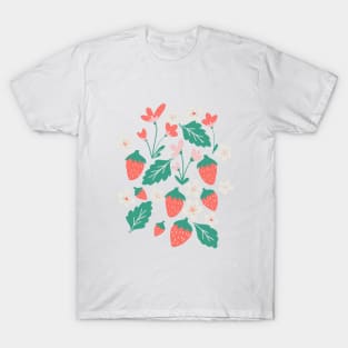 Spring Strawberries on Blue T-Shirt